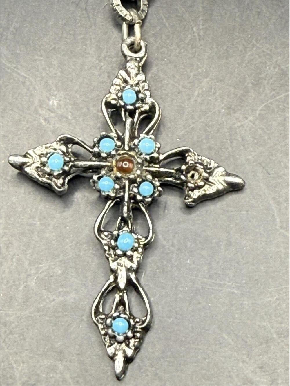 Vintage 22" Silver-Tone Tibetan-Style Turquoise Cross Necklace - Picture 4 of 6